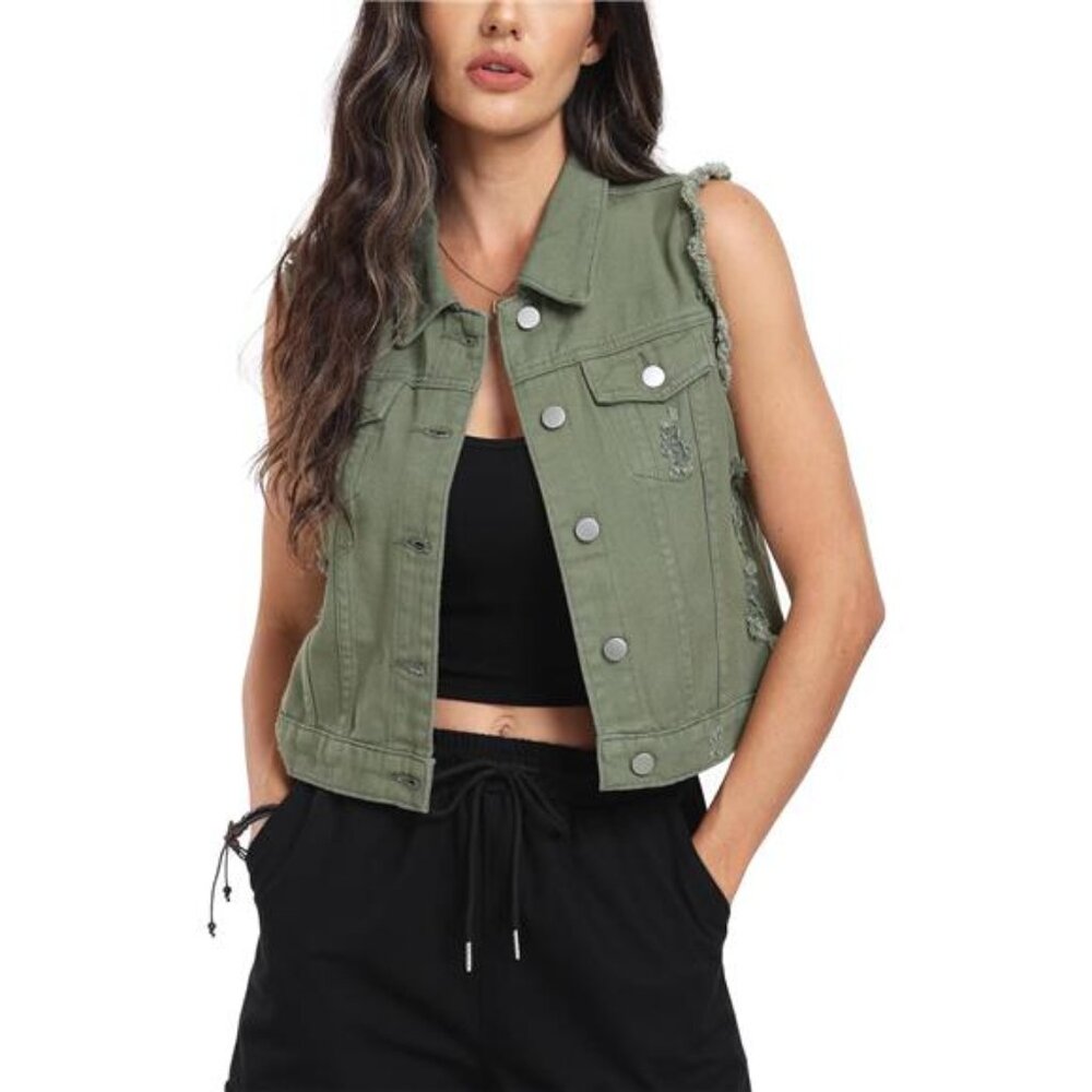 New Women's Cropped Distressed Denim Vest – Ripped Sleeveless Jean Jacket with